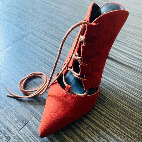Nasty Gal Lace Up Heels in Rust Red - Picture 9 of 9